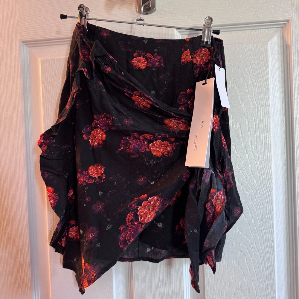 NWT IRO Paris Rasper Floral Ruffle Mini Skirt Black Red XS 34